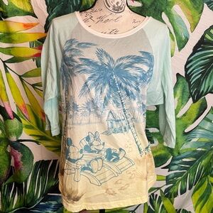 Disney Parks L Mickey Minnie Beach Sand Ocean Cruise 3/4 Sleeve Graphic Tee